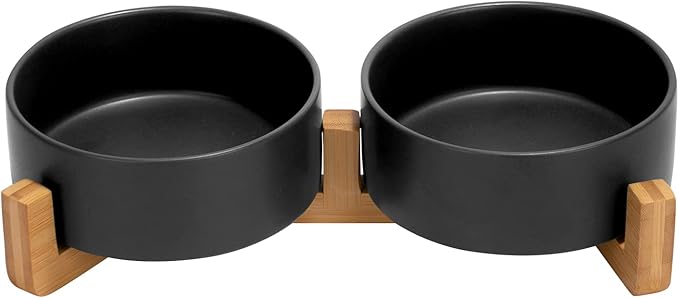 SPUNKYJUNKY Ceramic Dog and Cat Bowl Set with Wooden Stand, Modern Cute Weighted Food Water Set for Small Size Dogs (13.5OZ) & Medium Sized Dogs (28.7OZ) & Cats (1.7 Cups, 2 × Black)-Mewly Pet