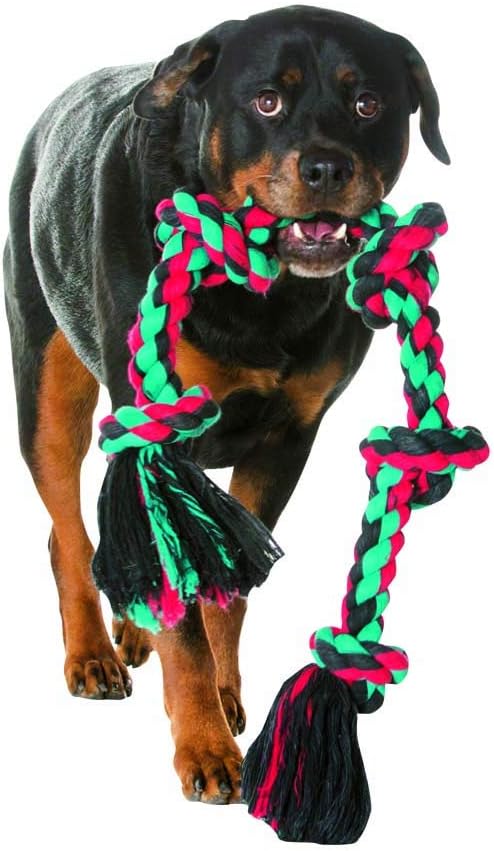 Mammoth Flossy Chews Multi Color 5 Knot Rope Tug – Premium Cotton-Poly Tug Toy for Dogs – Interactive Dog Rope Toy – Tug Dog Chew Toy for Big Dogs - X-Large, 36”-Mewly Pet