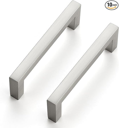 Ravinte 10 Pack Solid Brushed Nickel Kitchen Cabinet Handles Slim Drawer Pulls with 3-1/2 Inch Hole Center Square Bar Cupboard Hardware