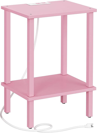TUTOTAK End Table with Charging Station, Small Side Table with Outlets, Nightstand Bedside Table, 2-Tier Storage Shelf for Small Space, Living Room, Bedroom, Pink TB01BP040
