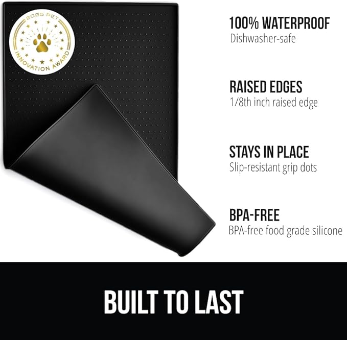 GORILLA GRIP 100% Waterproof Raised Edge BPA Free Silicone Pet Feeding Mat, Dog Cat Food Mats Contain Spills Protects Floors, Placemats for Cats and Dogs Water Bowl, Pets Accessories 16x10, Black-Mewly Pet