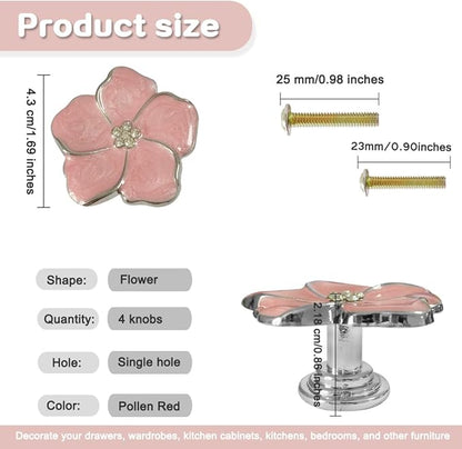 4 pcs Flower Petal Knobs,Creative Silver Flower Drawer Pulls Handles with Screws Single Hole Handle for Cabinet, Dressing ，Home Decor Handles (Pink)