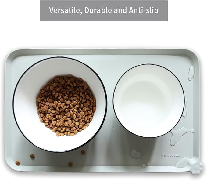 Hoki Found Silicone Pet Food Tray - High-Lips Dog Cat Bowl Mats - Waterproof Dog Cat Food Mats - Battleship-Mewly Pet