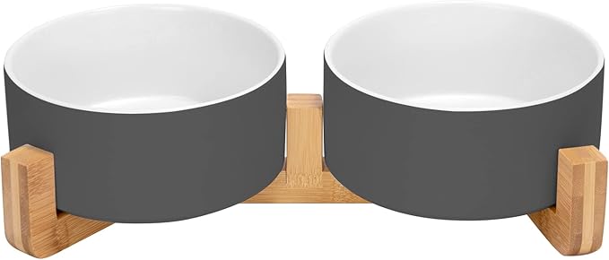 SPUNKYJUNKY Ceramic Dog and Cat Bowl Set with Wooden Stand, Modern Cute Weighted Food Water Set for Small Size Dogs (13.5OZ) & Medium Sized Dogs (28.7OZ) & Cats (3.6 Cups, 2 × White-Grey)-Mewly Pet