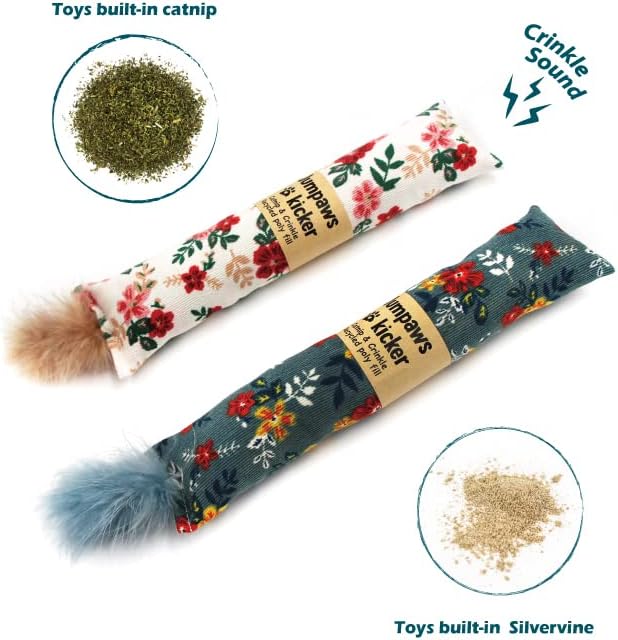 2 Pack Natural Interactive Catnip & Silvervine Cat Kicker with Feathers, Bite Resistant Chew Toy, Crinkle Kicker, Accessories for Indoor Cat, Premium Corduroy Floral-Mewly Pet