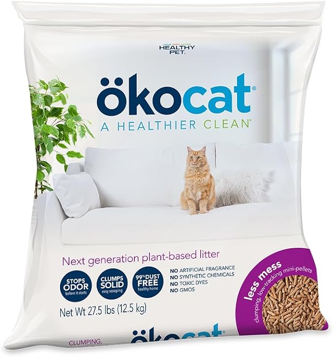 ökocat Less Mess Low Tracking Wood Clumping Cat Litter Mini- Pellets, Unscented, 27.5 pounds XL - Natural Ingredients, Stops Odor, Clumps Solid, 99% Dust Free, Great for Long-Hair Breeds-Mewly Pet