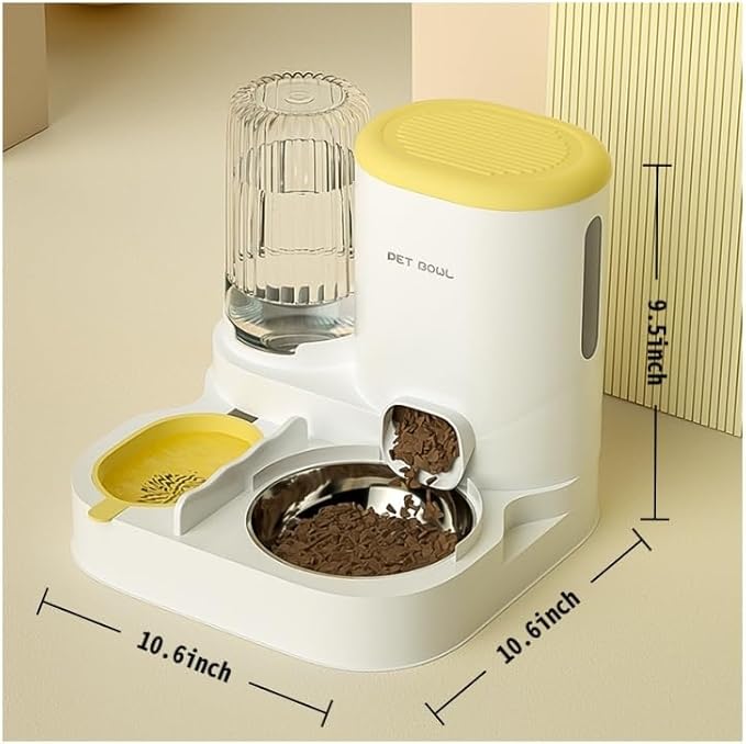 Automatic Cat Feeder & Water Dispenser - Dual Container for Dry/Wet Food, Two-in-One Upgraded Gravity Feeder and Water Dispenser Combo Set for Cats and Dogs.(Yellow)-Mewly Pet