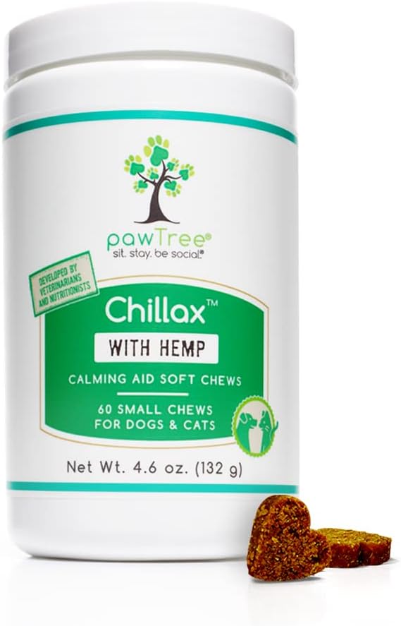 pawTree Chillax - Natural Calming Hemp Chews for Dogs and Cats - Formula to Relieve Stress and Tension; Ease Travel, Separation Anxiety and Soothe Fear - Small Soft Chews (60 Count)-Mewly Pet