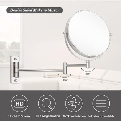 Cerdeco 8 Inch 10X Double Sided Makeup Wall Mount Mirror With Nickel Plated Finish - 360 Swivel Extendable Cosmetic Shaving Magnification