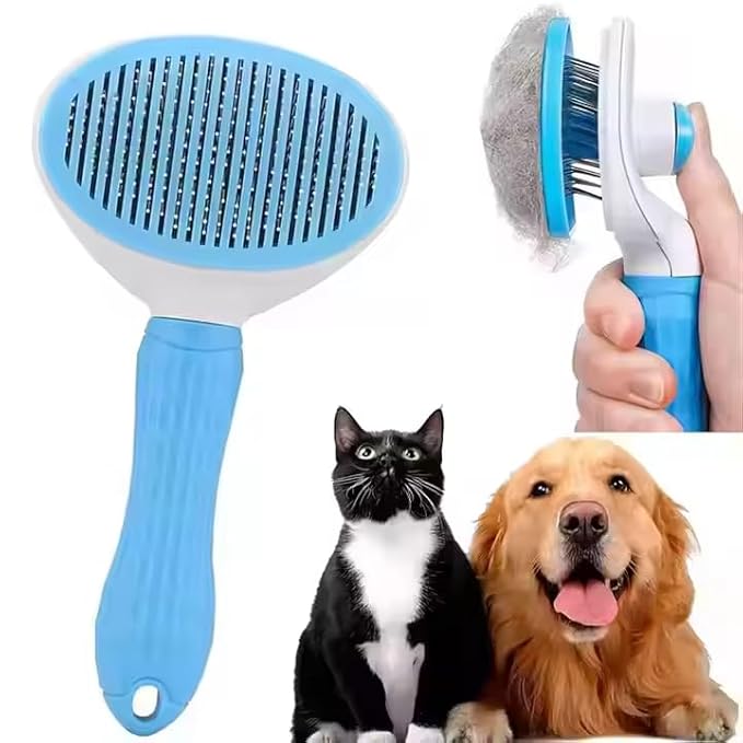 Pet Brush for Cats and Dogs | Self Cleaning Comb for Cats, Dogs, Bunny | Blue Pet Grooming Brush | Massaging Tool Suitable for Pets with Long or Short Hair-Mewly Pet