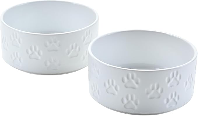 SPUNKYJUNKY Ceramic Dog and Cat Bowls 2 Pack, 5.1'' Dog and Cat Food Water Double Feeding Bowls Non-Slip for Cats and Puppy Small Sized Breed Dogs Microwave Dishwasher Safe - 13.5 OZ, 2pcs, Paw White-Mewly Pet