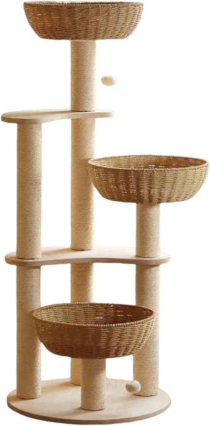 Modern Wood Rattan Cat Tree for Large Cats, Luxury Multi-Level Oak Solid Wood Cat Trees Towers，w/3 Weaving Cat Nests & Washable Cushions, Sisal Scratching Posts, for Indoor Large Cats-No paint/wax oil-Mewly Pet