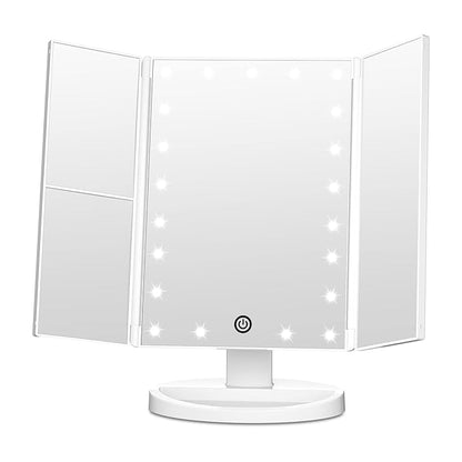 FASCINATE Trifold Vanity Mirror with Lights, Lighted Makeup Mirror 2X/3X Magnification, 21 LED Touch Dimming, Dual Power 180° Rotation Lit Beauty Table Mirror, Make up Mirror with Lighting