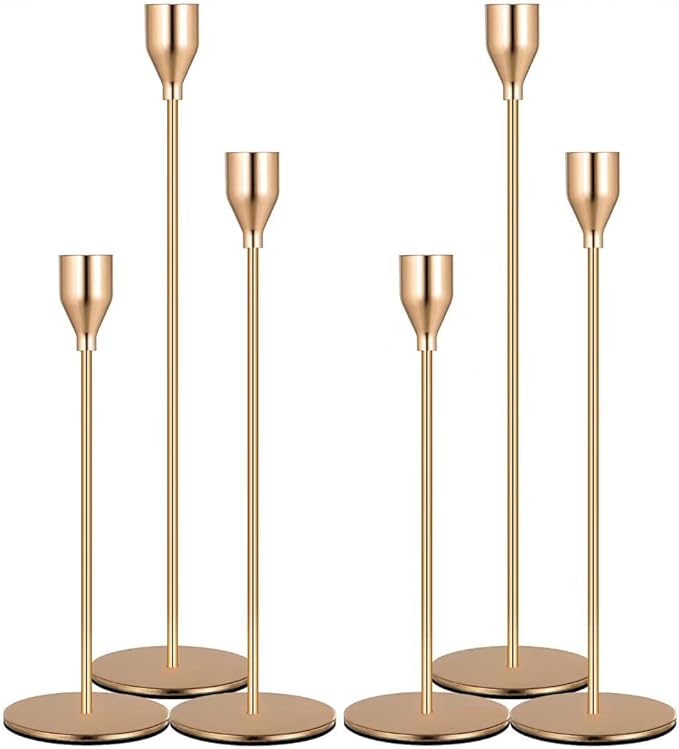 Denique Metal Gold Taper Candle Holder Set of 6 PCS for Table Centerpiece, Gold Candlestick Holders for Home Decor, Wedding, Dining, Party, Fits 3/4 inch Thick Candle&Led Candles