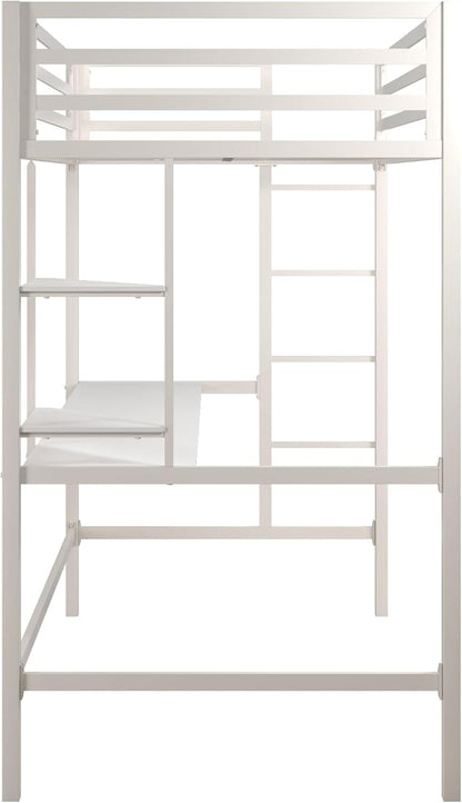 Novogratz Maxwell Metal Twin Loft Bed with Desk & Shelves, Off White/Off White