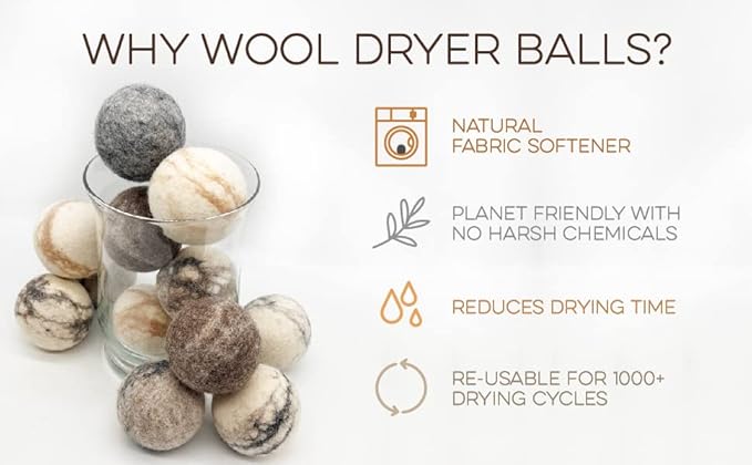 Fluff Ewes Wool Dryer Balls 6 Pack Premium New Zealand Wool Laundry Balls for Dryer, No Static Dryer Balls Laundry Reusable Cute, XL Wool Dryer Balls Cute, Baby Dryer Balls for Dryers - Marble-Mewly Pet