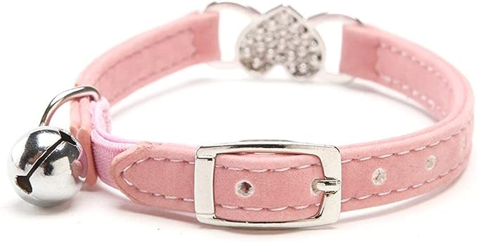 CHUKCHI Pink Soft Velvet Safe Cat Adjustable Collar with Crystal Heart Charm and Bells 8-11 Inches(Black+Pink)-Mewly Pet