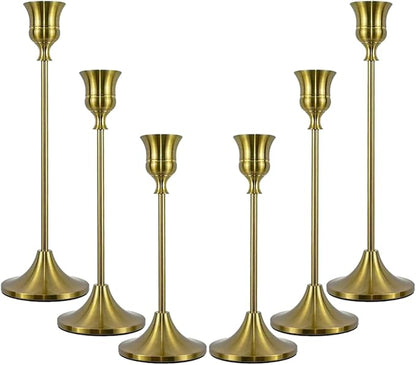 Candlestick Holders, Taper Candle Holders Set of 6, Vintage Candle Holder Decor for Table Centerpiece, Fireplace Mantel, Weddings & Housewarming (Brass Gold, 6 pcs)