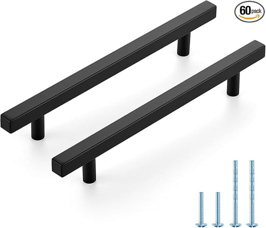 JOY DECOR 60 Pack 6-1/4 Inch Matte Black Square Cabinet Handles Stainless Steel Cabinet Hardware Pulls for Kitchen and Drawers with 8-13/16 Inch Overall Length