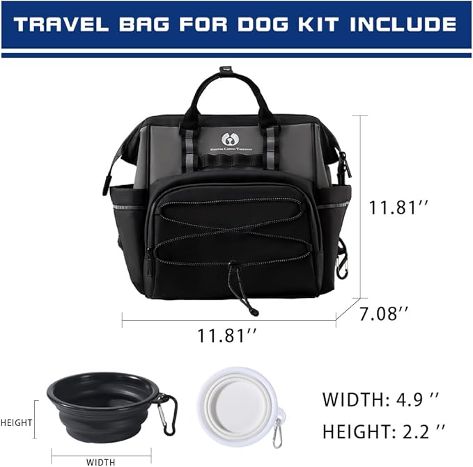 Dog Travel Bag, Airline Approved Pet Supplies Backpack, Dog Travel Backpack Accessories Set with 2 Silicone Collapsible Bowls and 1 Leash Clip for Camping, Road Trips & Weekends Away（Black）-Mewly Pet