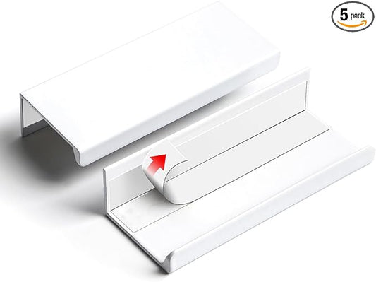 5 Pack 3 inch self Adhesive Cabinet pulls Cabinet Finger pulls Bright White Adhesive Cabinet Handles Concealed Finger pulls for cabinets Drawer pulls Stick on Handles Edge Seam Flat Handles