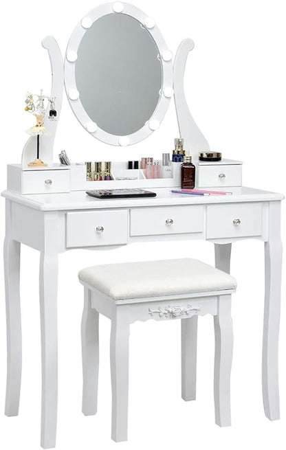CHARMAID Makeup Vanity Table with Lighted Mirror, Vanity Desk with 10 LED Lights, Adjustable Brightness, 5 Drawers and Removable Storage Organizer, Bedroom Dressing Table with Stool (White)