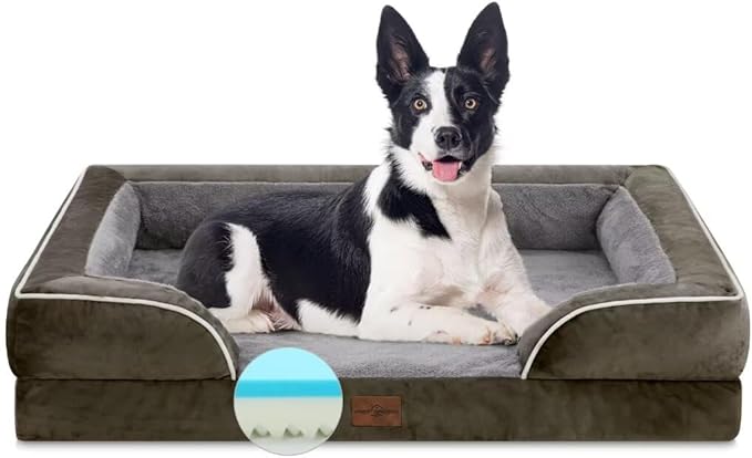 Comfort Expression Orthopedic Memory Foam Dog Beds, Waterproof Dog Beds Large Sized, Washable Dogs Beds with Removable Cover, Pet Sofa Couch with Bolster(Large,Olive Green)-Mewly Pet