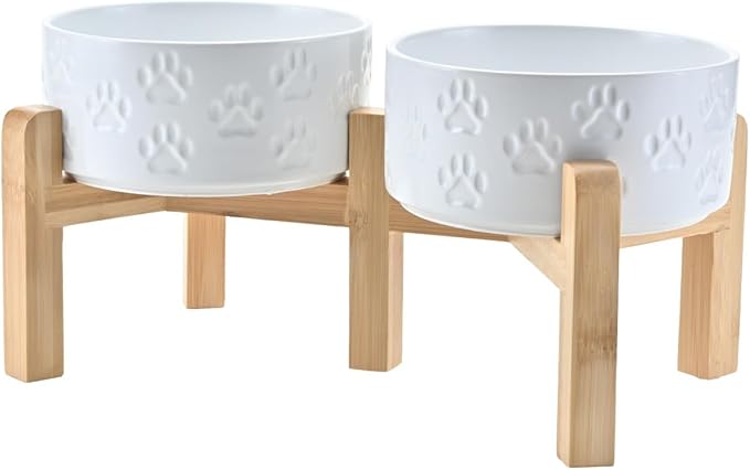 SPUNKYJUNKY Elevated Dog Bowls Ceramic, 6.1'' Dogs and Cat Food Water Bowls Raised with Non-Slip Bamboo Stand for Medium Sized Breed Microwave Dishwasher Safe - 28.7 OZ,Paw White-Mewly Pet