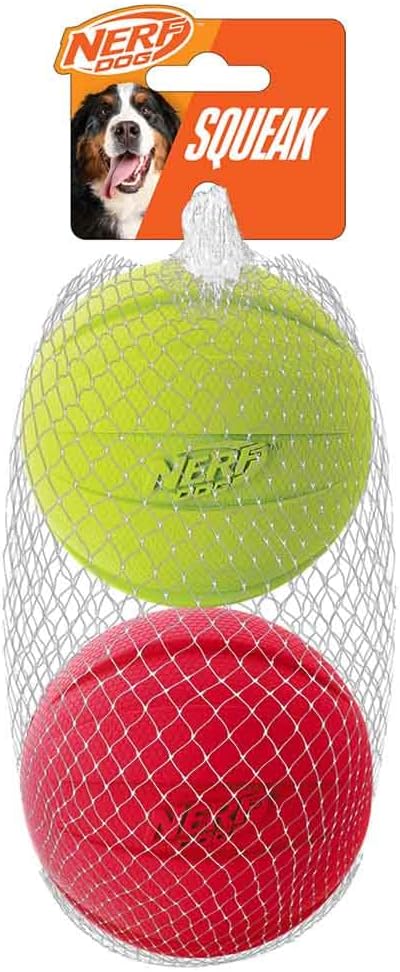 Nerf Dog Classic Squeak Ball Outdoor Dog Toys, 3.8 Inch Dog Ball Fetch Toy, Squeaking Toy for Medium and Large Breeds, Green/Red, 2 Count-Mewly Pet