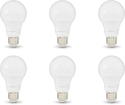 Amazon Basics A19 LED Light Bulbs, 60 Watt Equivalent, Energy Efficient 9W, E26 Standard Base, Daylight White 5000K, Dimmable, 10,000 Hour Lifetime , 6-Pack