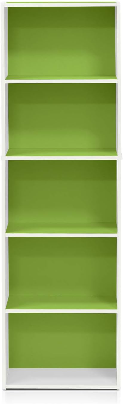 Furinno LUDER Book Shelf, 5-Tier Bookshelf, Bookcase, 9.4" x 15.8" x 52", for Living Room, Bedroom, Home Office, White/Green