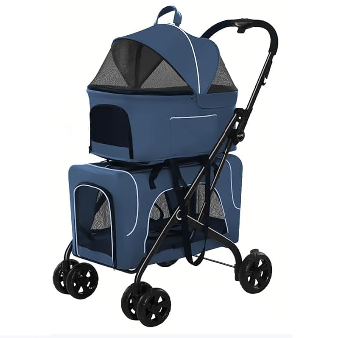 Pet Stroller with 2 Detachable Carriers, Folding Design, Large Capacity for Cats and Small Dogs, Navy, Medium-Mewly Pet