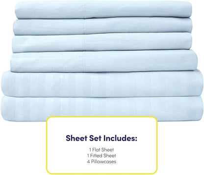 Dobby Stripe Queen Sheets - 6 Piece 1500 Supreme Collection Fine Brushed Microfiber Deep Pocket Queen Sheet Set Bedding - 2 Extra Pillow Cases, Great Value, Queen, Dobby Light Blue