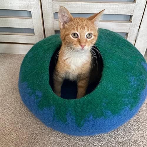 Woolygon Premium Felt Cat Cave Bed – Wool Kitty Beds Handcrafted Kitten Caves Bed for Indoor Cats - Made from 100% Eco-Friendly Merino Wool, Foldable Cat Hidewawy Covered Cat Houses (Emerald Indigo)-Mewly Pet