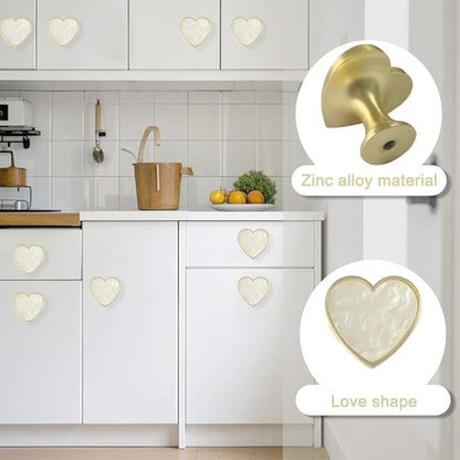 6 Pcs Brass Knobs Drawer Pulls Handles Heart-Shaped Gold Cabinet knobs, Suitable for Bathroom Drawer Kitchen Door Pulls Handles Heart-Shaped Handles (White)