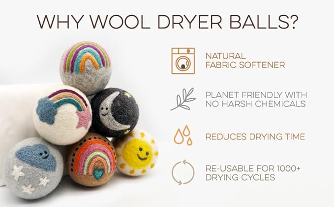 Fluff Ewes Wool Dryer Balls 6 Pack Premium New Zealand Wool Laundry Balls for Dryer, No Static Dryer Balls Laundry Reusable, XL Wool Dryer Balls Cute, Baby Dryer Balls for Dryers - Rainbow or Shine-Mewly Pet