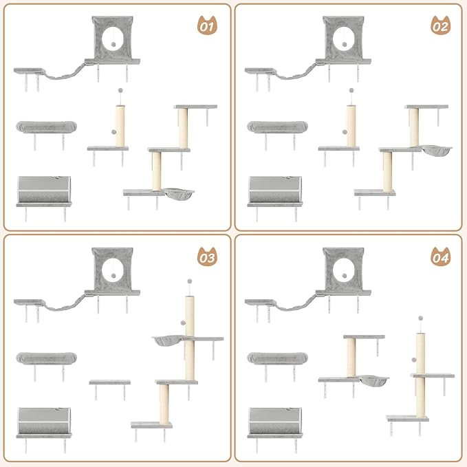 NUNU LAB Wall Mounted Cat Furniture, 7 Pcs Cat Wall Shelves with House, Tunnel, Bridge, Steps, Scratcher, Hammock, Bed, Indoor Safe & Stable Furniture for Kittens Play, Gray-Mewly Pet