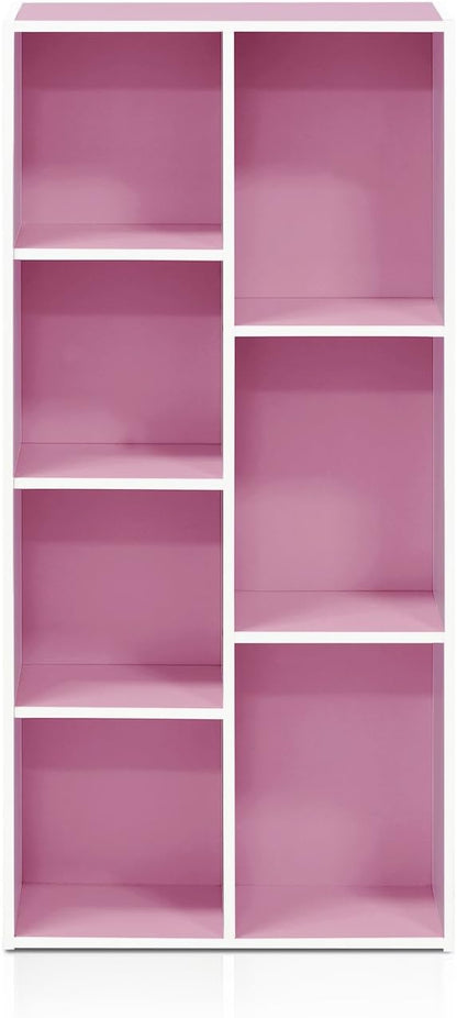 Furinno LUDER Book Shelf, 7-Cube Bookshelf, Bookcase, 9.4" x 19.5" x 41.7", for Living Room, Bedroom, Home Office, White/Pink