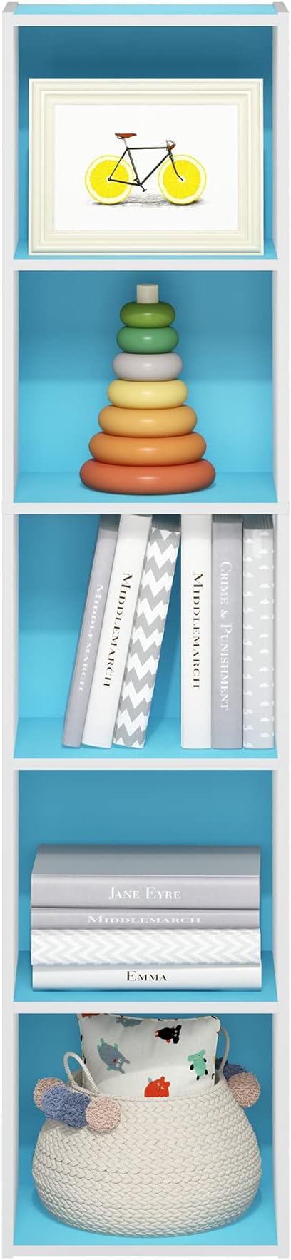 Furinno PASIR Book Shelf, 5-Tier Modern Bookshelf, Open Shelves Bookcase 9" x 12" x 52", for Living Room, Bedroom, Home Office, Light Blue/White