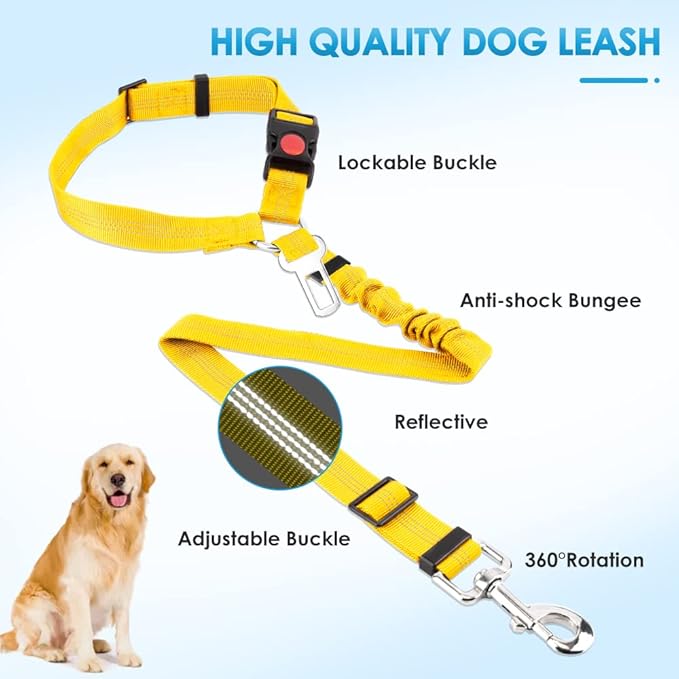 SlowTon Dog Seat Belt for Car, 2 Pack Dog Car Harness Seatbelt Adjustable with Elastic Bungee Buffer, 2 in 1 Pet Car Leash Headrest Restraint Dog Reflective Safety Tether (Yellow, Headrest+Clip)-Mewly Pet