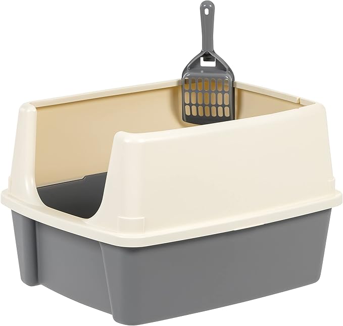 Amazon Basics Large Cat Litter Box with High Sides, Open Top, Includes Scoop, 19 x 15 x 11.75 inches, Grey/Beige-Mewly Pet