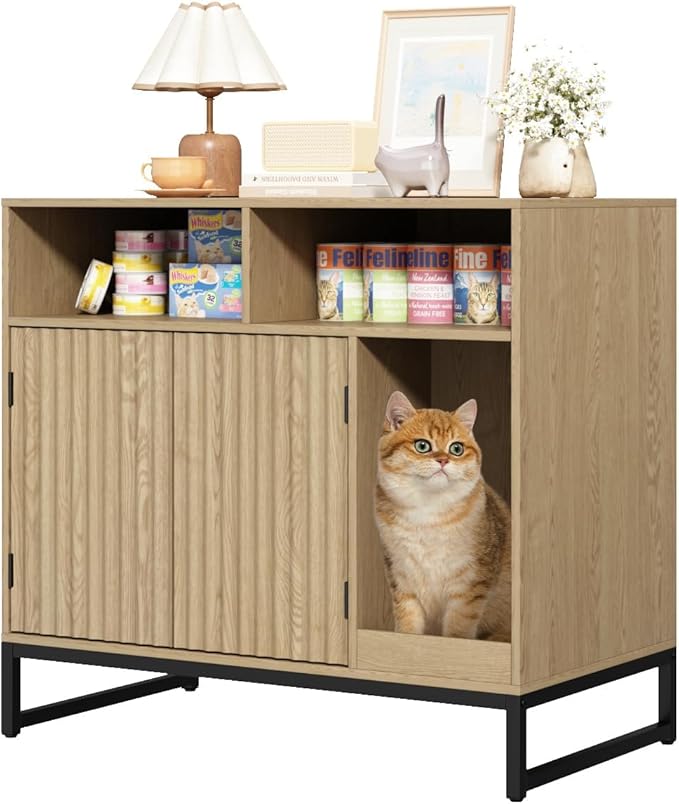 Cat Litter Box Enclosure, Large Hidden Pet Storage Cabinet Furniture with Waveform Fluted Doors & Scratching Pad, Modern Wooden Cat House Indoor for Washroom, Living Room, Bedroom, Natural-Mewly Pet