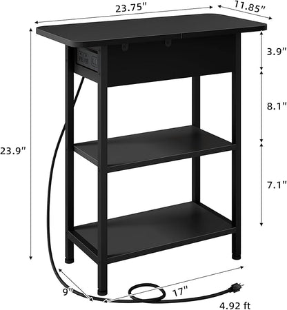 LIDYUK End Table with Charging Station, Set of 2 Flip Top Narrow Side Table for Small Spaces, Nightstands Set of 2 for Bedroom, End Tables Living Room with Storage Shelves, Black