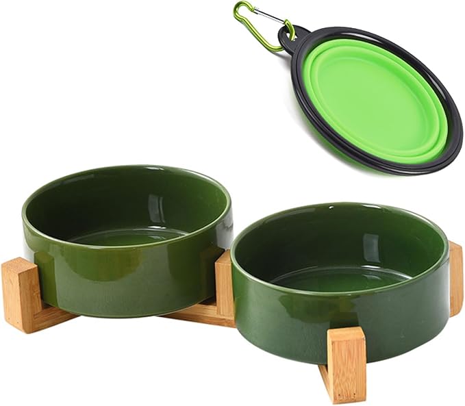 Petygooing Dog Bowls,Ceramic Cat Dog Bowl Set with Wood Stand for Food and Water,Non-Slip Cute Modern Pet Dish for Cats and Small Size Dogs (13.5OZ/5.1 in) Rust Green-Mewly Pet