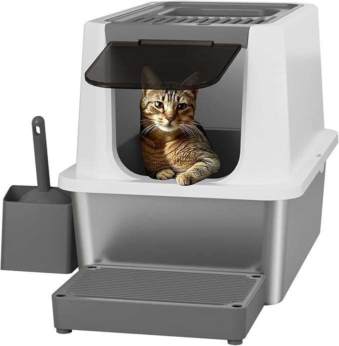 RIZZARI Stainless Steel Cat Litter Box, Odorless Enclosed Litter Box with Top Holes, Large Litter Pan for Small to Large Sized Cats (Dark Gray, 24" L*16" W*18" H)-Mewly Pet