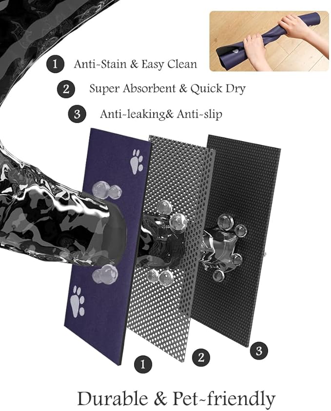 Pet Feeding Mat-Absorbent Dog Mat for Food and Water Bowl-No Stains Quick Dry Water Dispenser Mat-Dog Accessories Pet Supplies-Bowl for Messy Drinkers（Navy,12"x19"-Mewly Pet