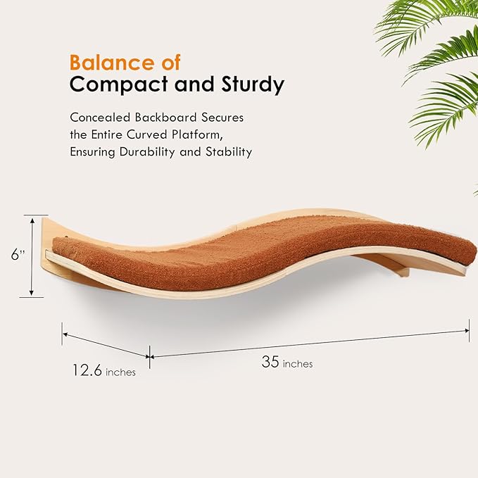 Cat Wall Shelves for Large Cats - Wall Mounted Furniture with Comfortable Cushion, Perfect Perch and Bed for Multi-Cat Households - 35 inch Wavy Shelf for Climbing, Playing, Resting, and Lounging-Mewly Pet