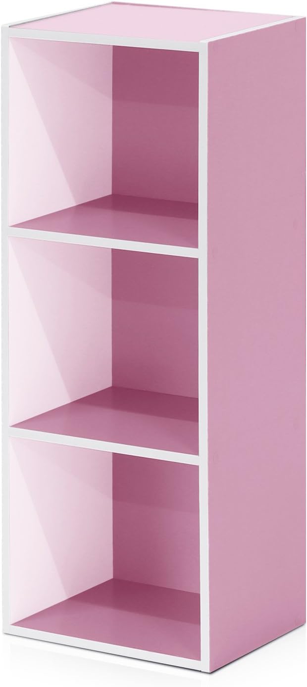 Furinno LUDER Book Shelf, 3-Cube Bookshelf, Bookcase, 9.3" x 12" x 31.5", for Living Room, Bedroom, Home Office, White/Pink