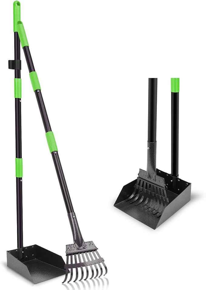Non-Breakable Pooper Scooper, Dog Pooper Scooper Tray & Rake Set with Adjustable Stainless Steel Long Handle for Large Medium Small Dogs (Green)-Mewly Pet