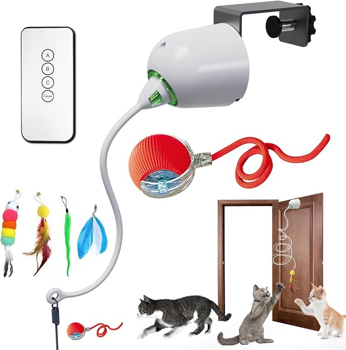 Cat Toys Hanging Door Electric and Moving Ball, Cats Toy Interactive for Indoor for Bored Feather Toys Kitten Rechargeable Door Hanging Automatic Retractable String（White）-Mewly Pet